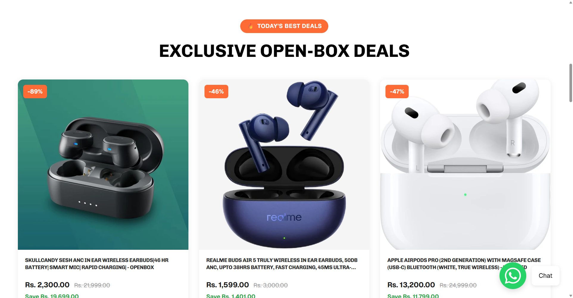 Product grid on indiabuying.in showing open-box electronics deals with discount badges.