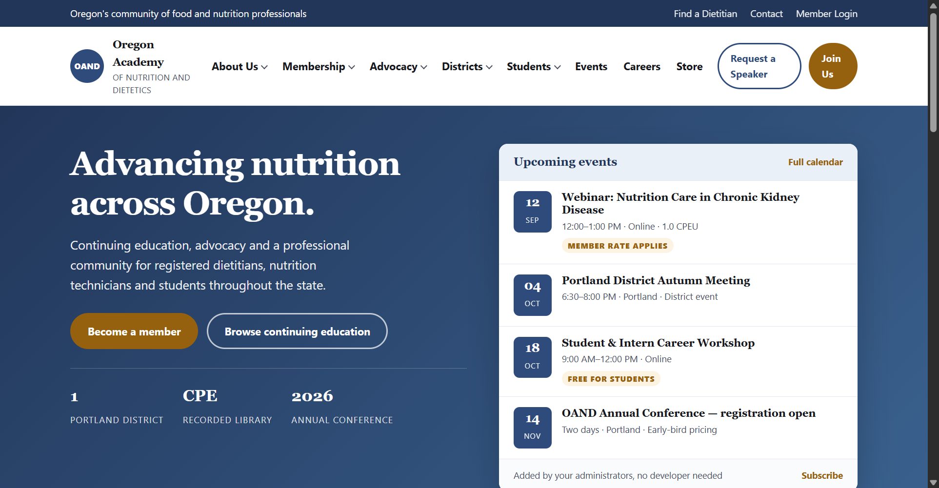 Homepage of the OAND concept build: the same association framework re-branded in navy and serif type for Oregon.