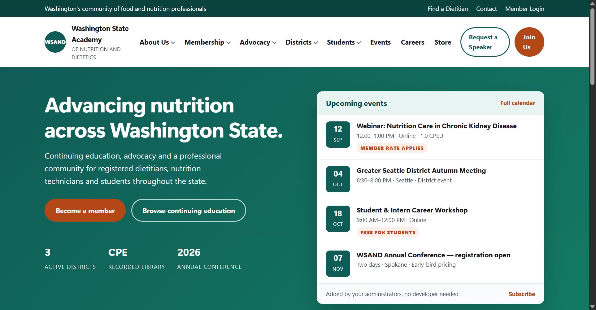 Homepage of the WSAND concept build: a deep green hero for a nutrition professional community, with an upcoming-events panel.